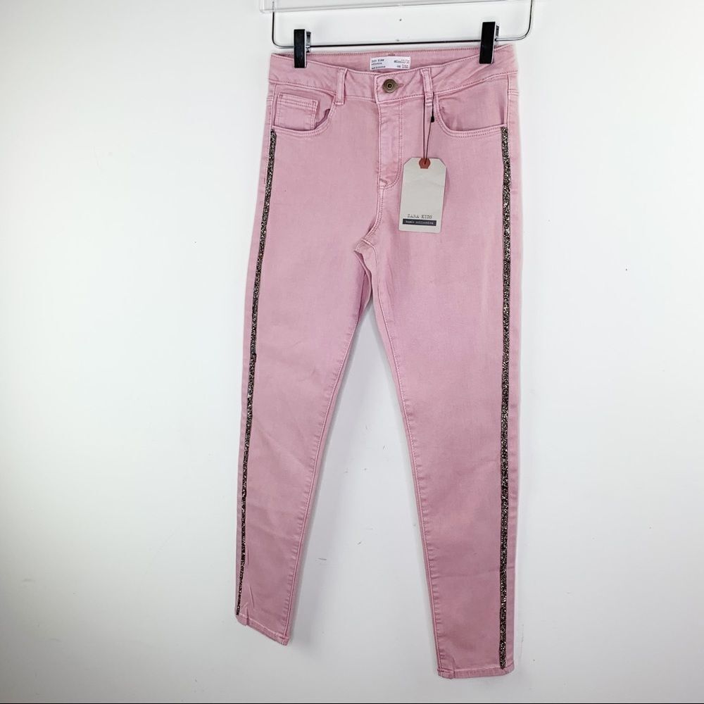 Zara Kids Pink Skinny Jeans‎ w/Crystal Side Accent Sz 11/12 NWT